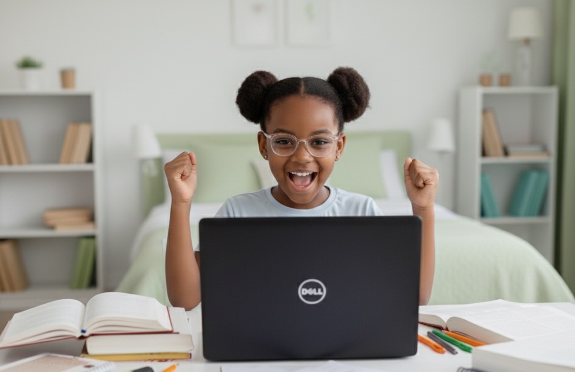A confident young learner celebrating progress during an online lesson